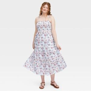 Roller Rabbit Sketched Floral Tie-Shoulder Tiered Maxi A-Line Dress - LARGE